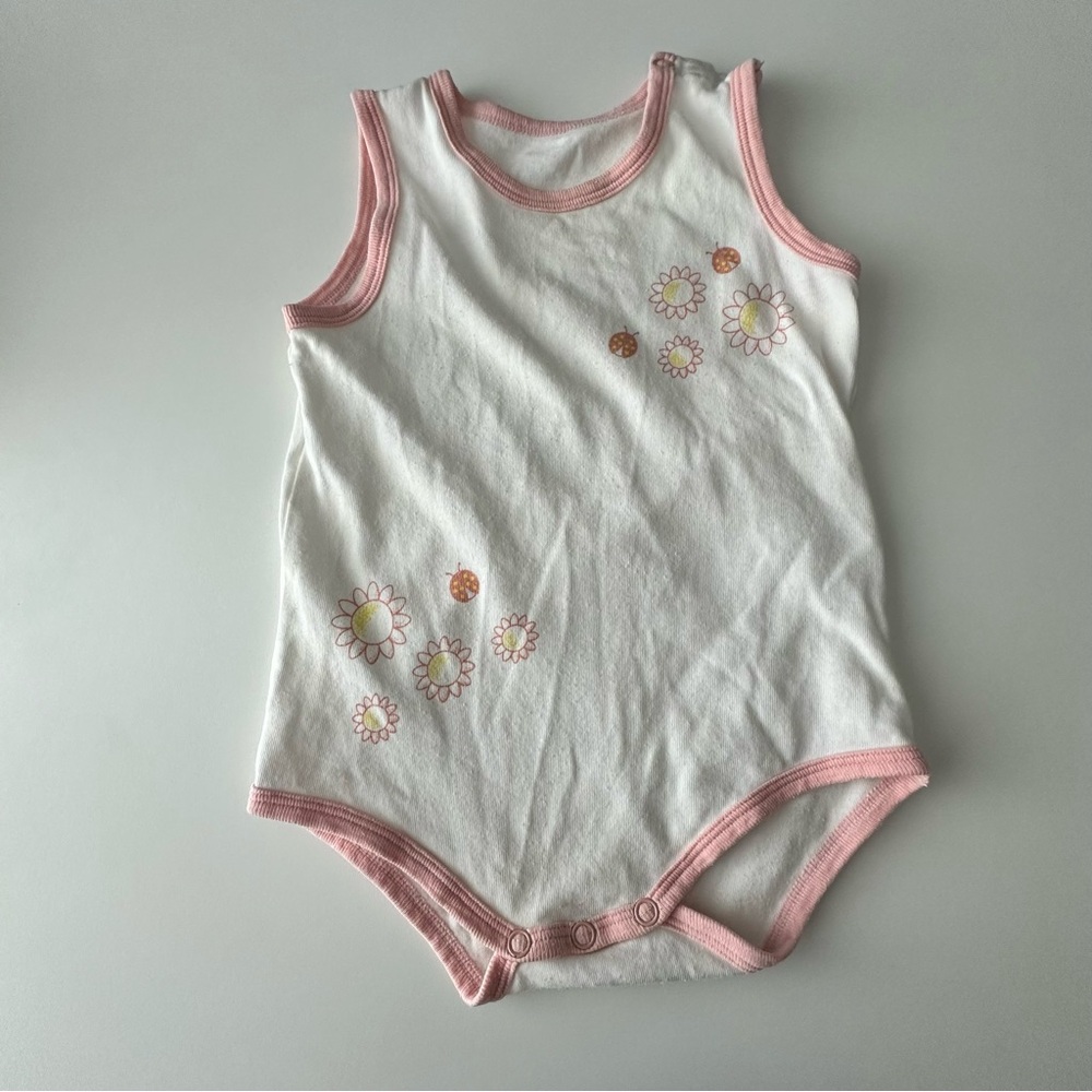 White and Pink Baby Onesie with Floral Design 12M